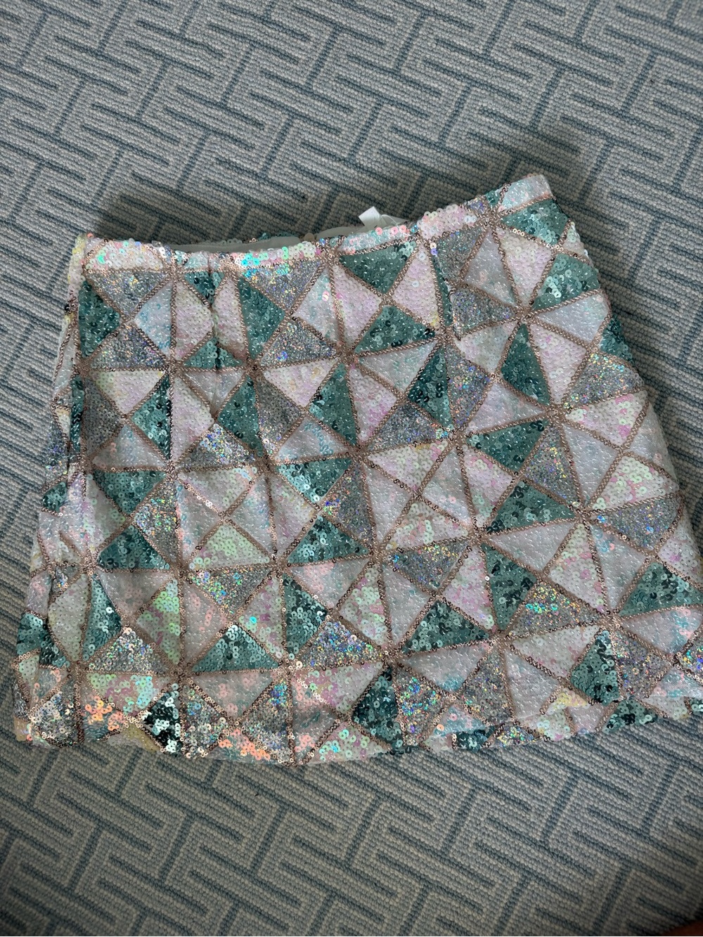 Love and Harmony Sequin Triangle Pattern Mini Skirt in Aqua and Iridescent